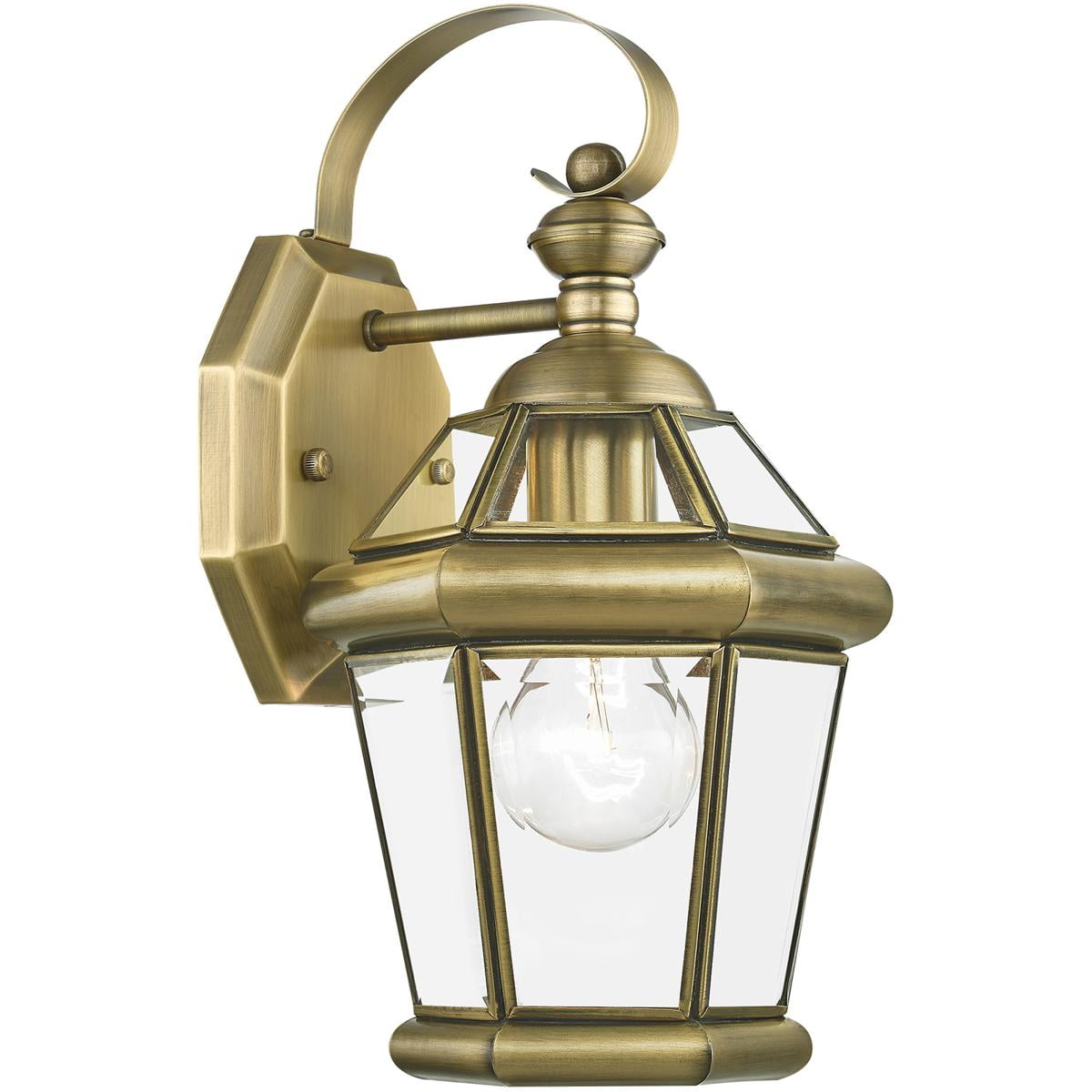 7 inch 1 Light Antique Brass Outdoor Wall Lantern Pendant Lighting Fixture with Clear Glass Panel Shade backed with Hand Crafted Solid Brass material for patio, front porch, entryway and more
