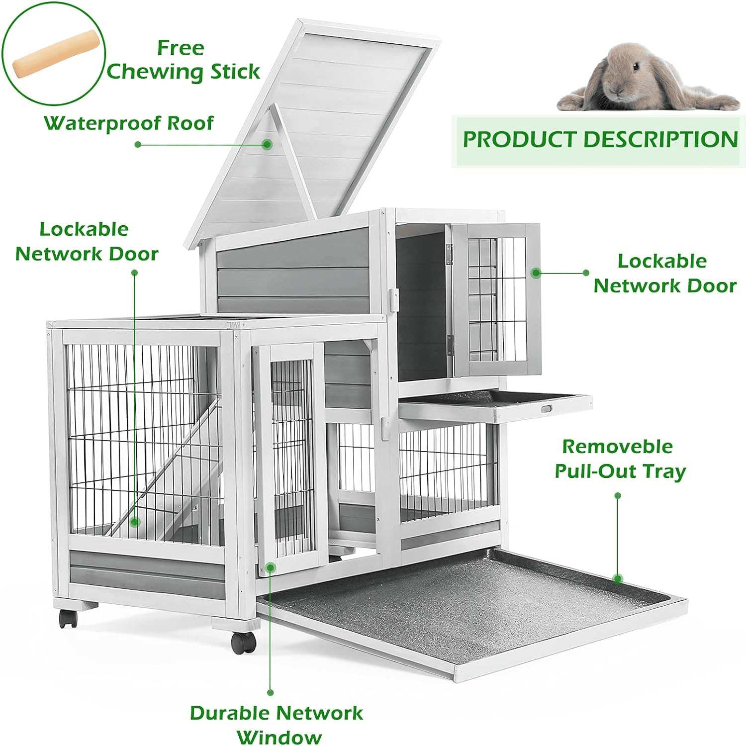 YODOLLA 37 inches Guinea Pig Cage Rabbit Hutch for Small Animals Bunny House with Removable Trays Grey