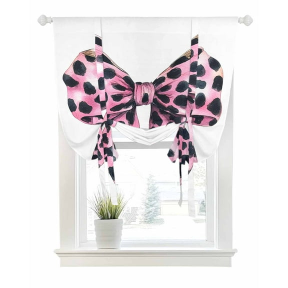 Leopard Print Bow Tie Up Curtains for Window, Thermal Insulated Balloon Shade Adjustable Rod Pocket Curtains Valance Panels for Kitchen Bathroom Cafe 42 x 63 Pink Colored Polka Dot Butterfly Tie