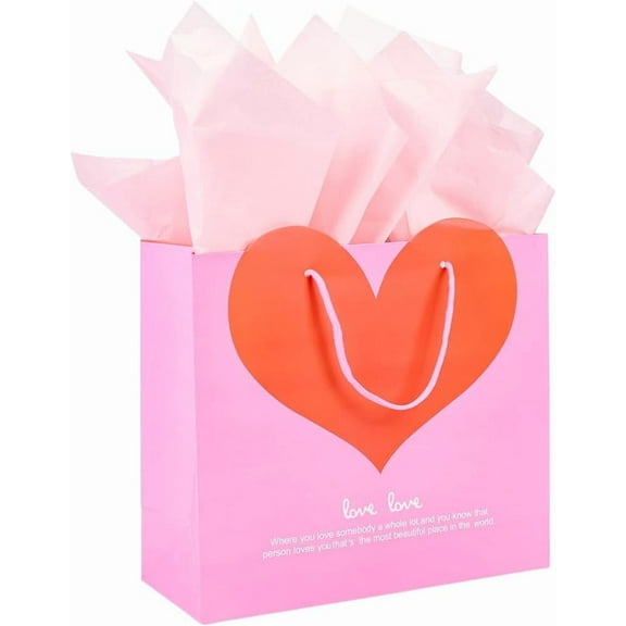 4.76 x 12.01 x 11.22 Inch Present Bag and Tissue Paper Pink Heart Gift Bags with Handles Large Romantic Valentines Packaging for Gifts Wrapping Wedding Anniversary Celebration Mother's Day