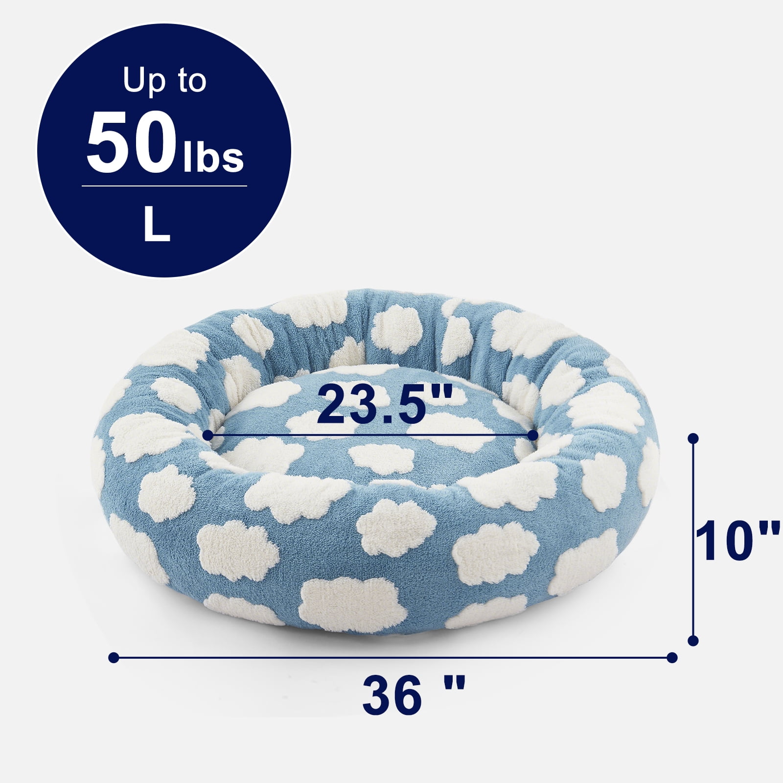 Donut Dog Bed Medium, Calming Round Pet Bed for Dogs and Cats, Washable Jacquard Plush Cover with Non-Slip Bottom, Indoor Cat Bed, Blue, 36"x36"x10"
