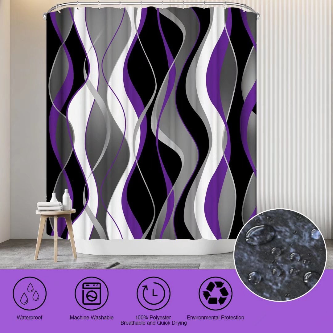 4Pcs Purple Shower Curtain Sets with Non-Slip Rugs, Toilet Lid Cover and Bath Mat, Black and Gray Bathroom Decor Set Accessories Fabric Waterproof Shower Curtains with 12 Hooks, 72 x 72 Inch