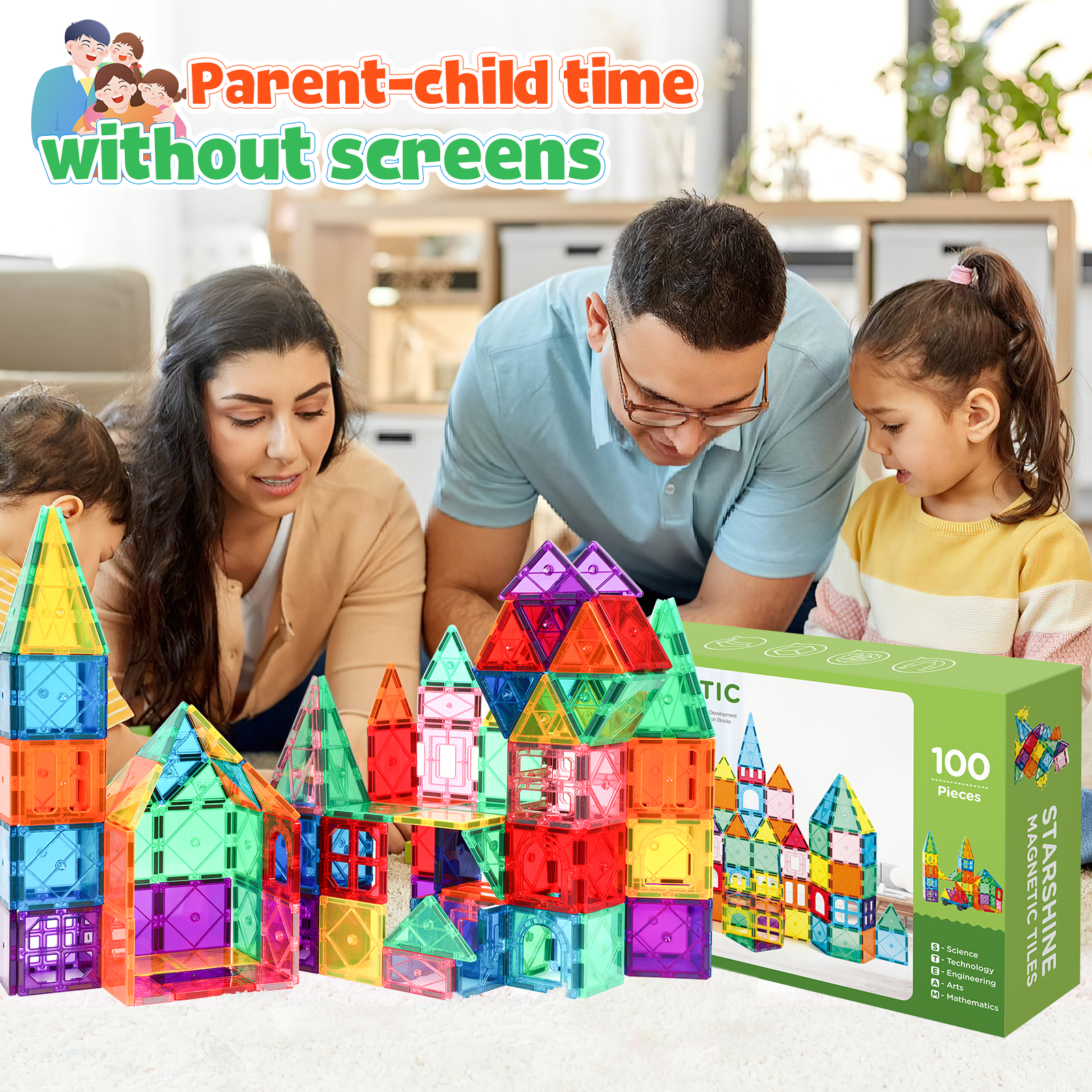 FunMagic 100 Pcs Magnetic Tiles Building Blocks with Cars photo 2