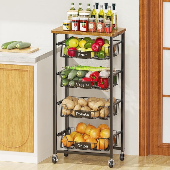 5-Tier Vegetable Fruit Basket Kitchen Storage Rolling Cart on Wheels with Pull-Out Baskets and Wood Top for Kitchen Diningroom Pantry