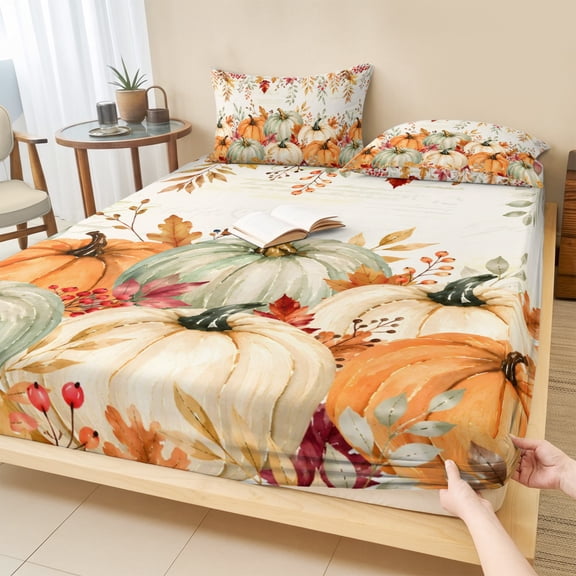 King Size Fitted Sheet Set - Green Pumpkins Fall 3 Piece Bedding Sets 16" Deep Pocket Fitted Sheet with 2 Pillowcases, Eucalyptus Maple Leaves Thanksgiving Brushed Microfiber Hotel Luxury Bed Sheets