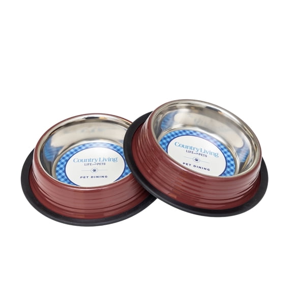 Country Living Set of 2 Ribbed Stainless Steel Food Bowls for Dogs, Red Merlot