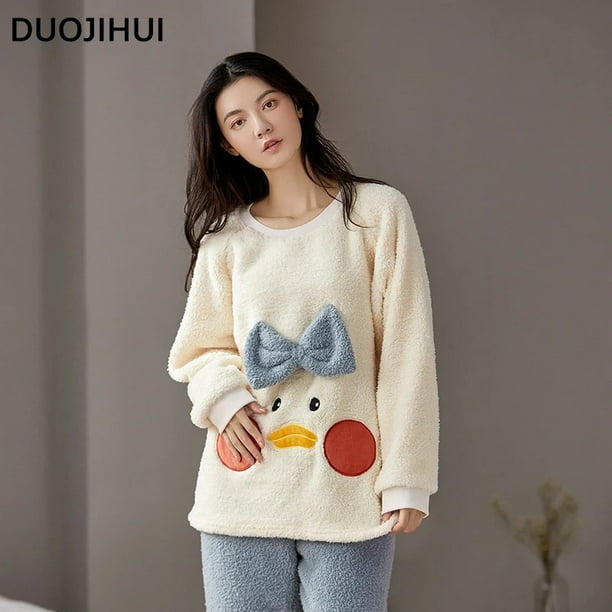 DUOJIHUI Simple Thick Warm Soft Cute Pajamas for Women Winter Lovely  Printed Spell Color Fashion Casual Loose Female Pajamas Set 