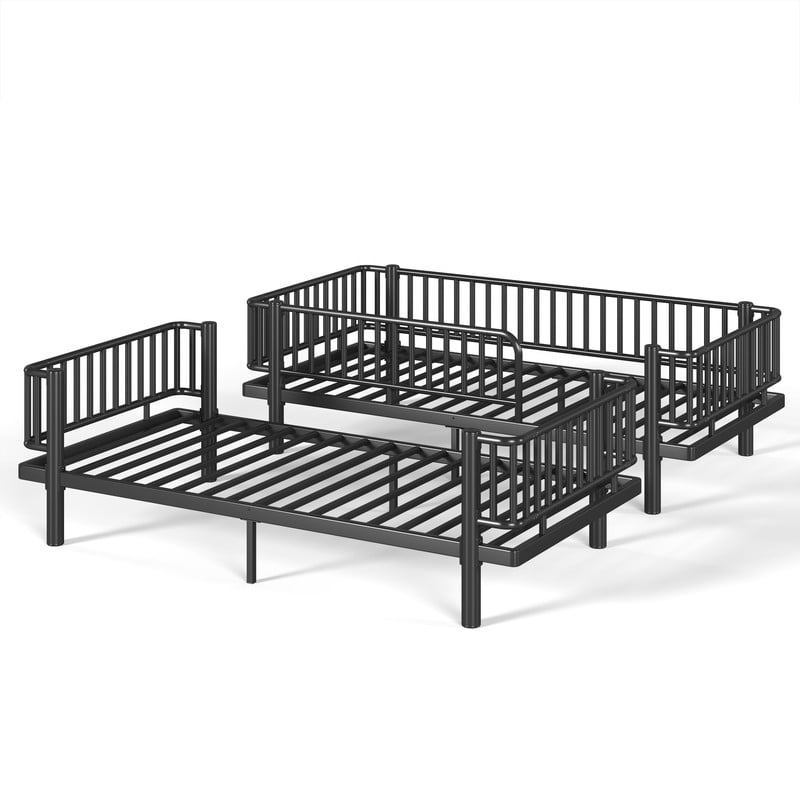 Twin XL-over-Twin XL Teens Bunk Bed Can Transformed into 2 Platform Beds, Metal Kids Bed Frame with Round-Pipe, Ladder & Guardrails