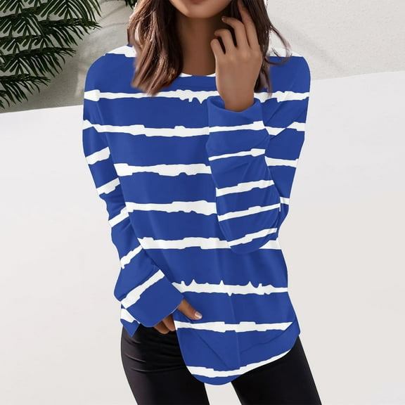 Fall Shirts Plus Size 3xl Sweatshirts for Women Women's Fashion Irregular Striped Printed T-Shirt Long Sleeves Blouse Round Neck Casual Tops Irregular Striped Sweatshirt Blue M
