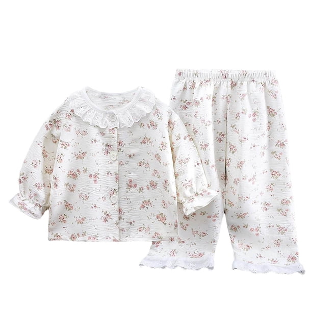 Pajama de las Niñas Del Bebé Conjuntos de Encaje Recortado Solapa Dos Piezas Ropa de Dormir, Respirable Aire Acondicionado Ropa para Niños