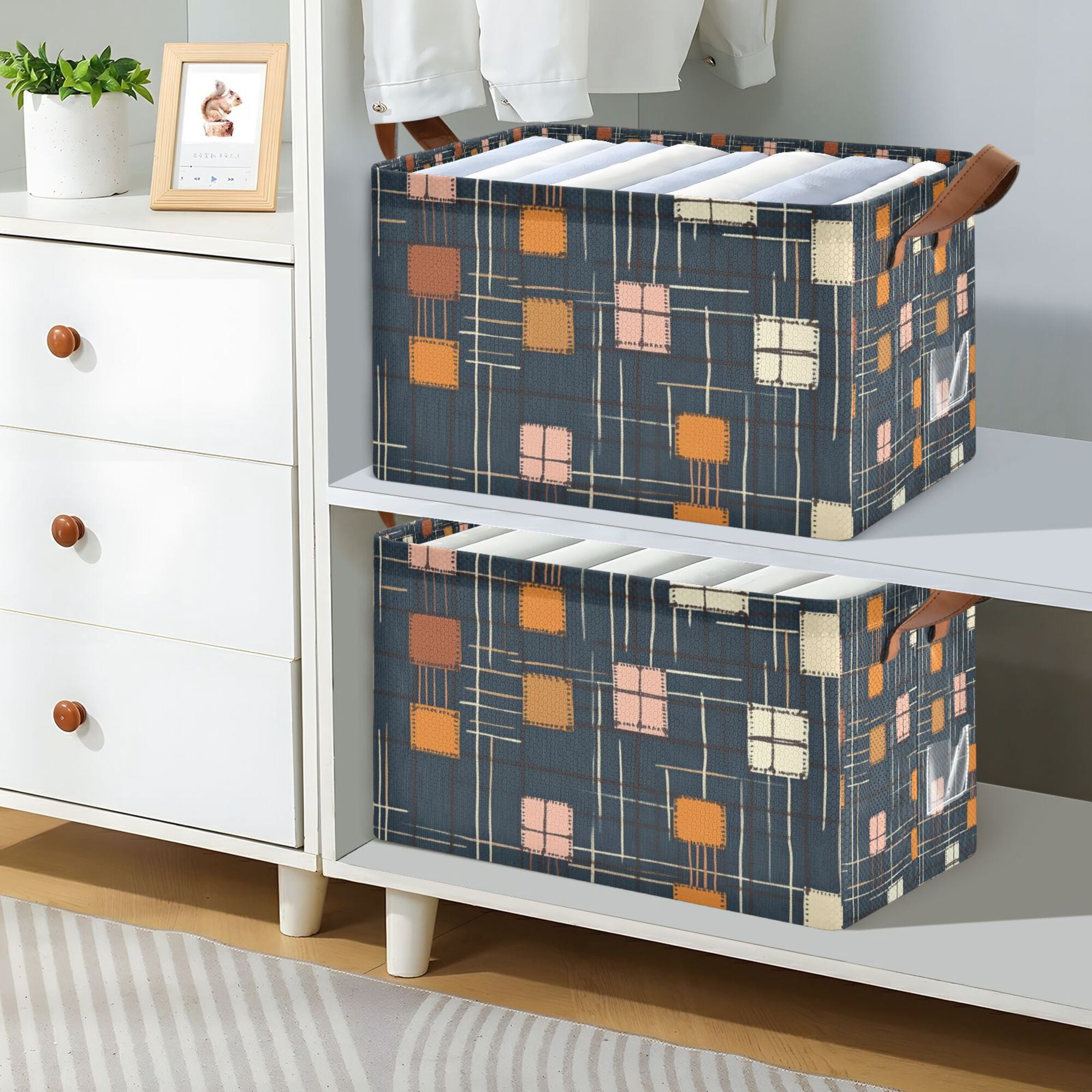 Yayeee Foldable Storage Basket for Shelves Waterproof Cloth Bins with Handles, Orange Checkered Pattern