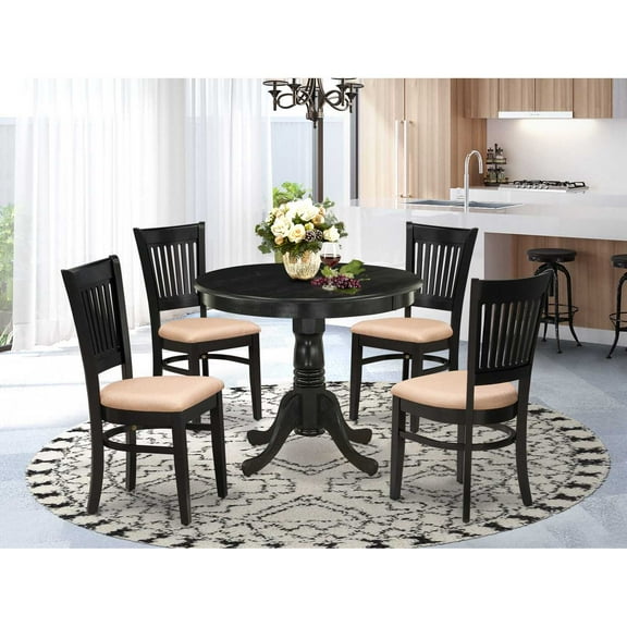 East West Furniture Antique 5-piece Wood Dining Set with Fabric Seat in Black