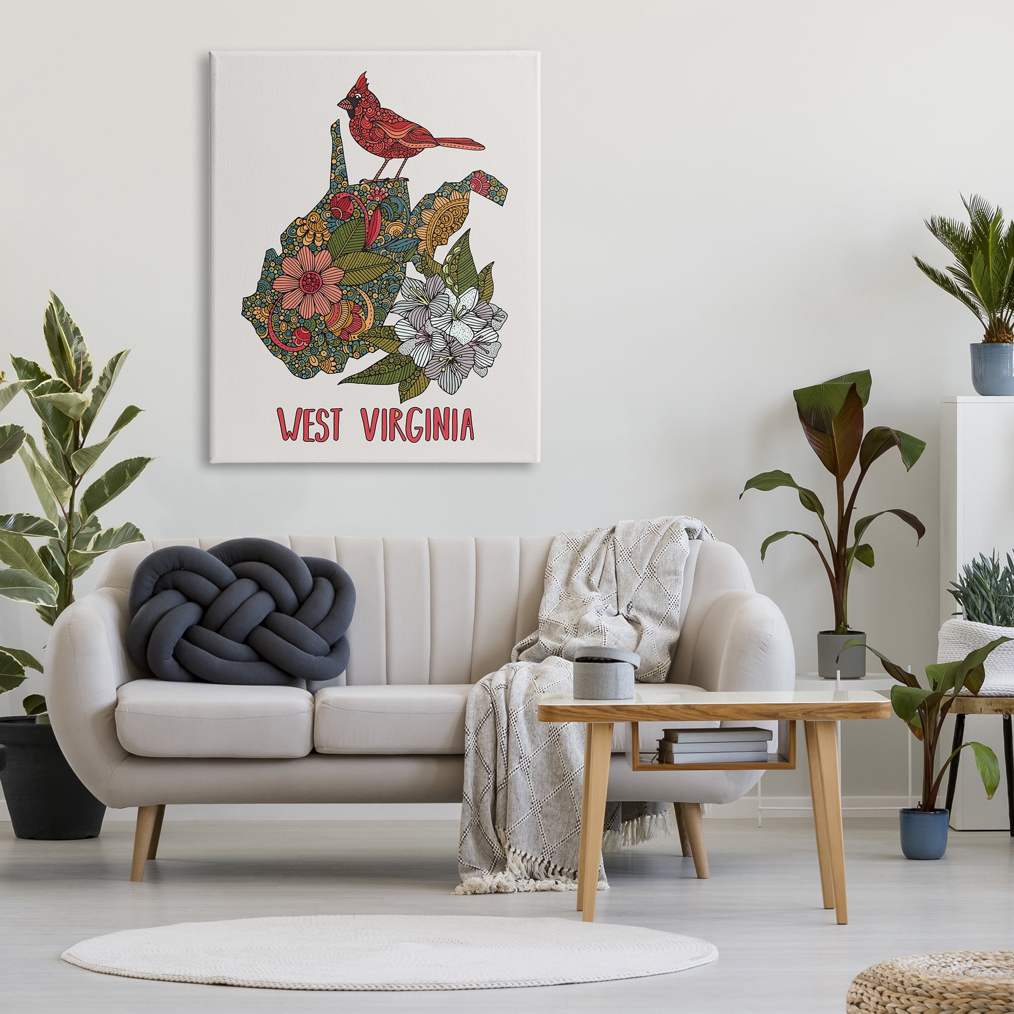 Stupell Industries West Virginia State Cardinal Detailed Floral Pattern Graphic Art Gallery Wrapped Canvas Print Wall Art, Design by Valentina Harper