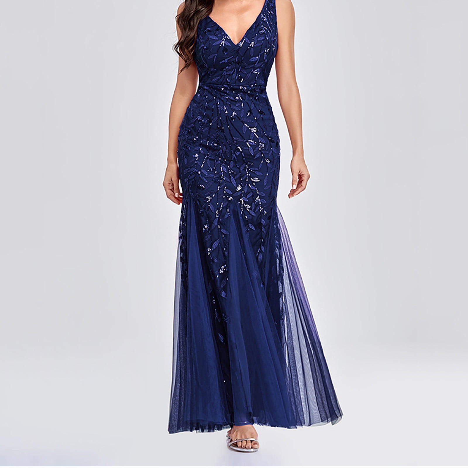 Womens Luxurious Sequins Formal Evening Dress Elegant Sleeveless Mermaid Tulle Floor Lenght Party Cocktail Dresses