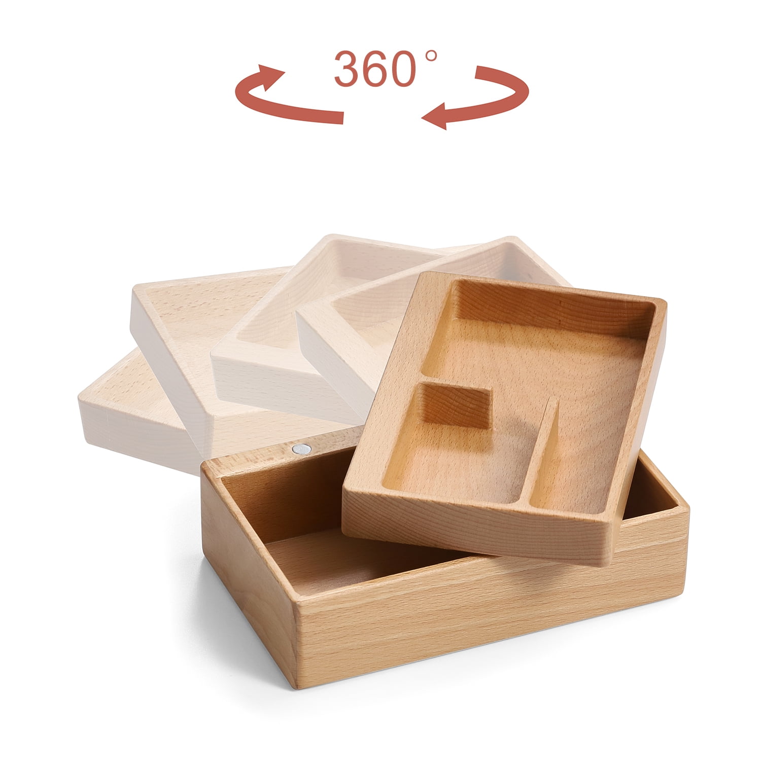 Valet Tray Box, Beech Wooden Storage Box with Magnetic Rotating, Office Desk Daily Supplies Organizer