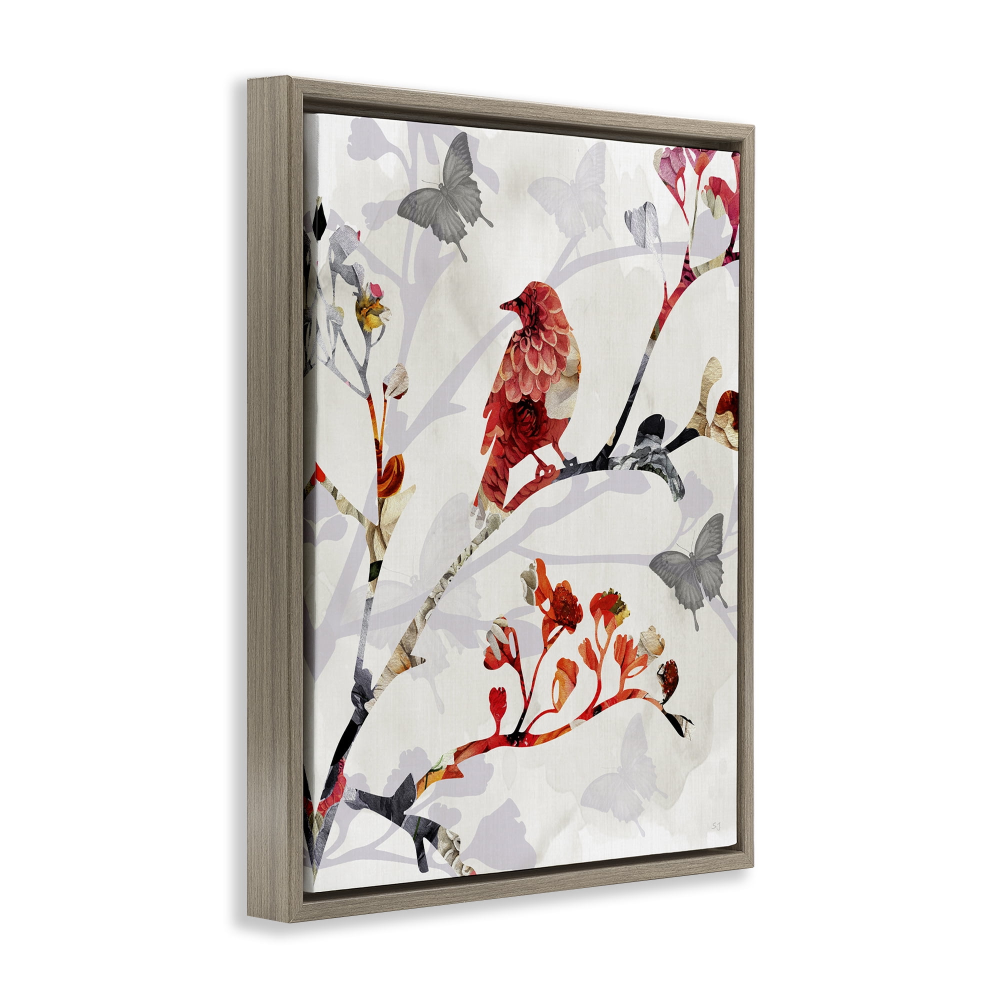 Stupell Industries Patterned Birds on Branches Landscape & Nature Painting Brown Floater Framed Canvas Art Print Wall Art, 25 x 31
