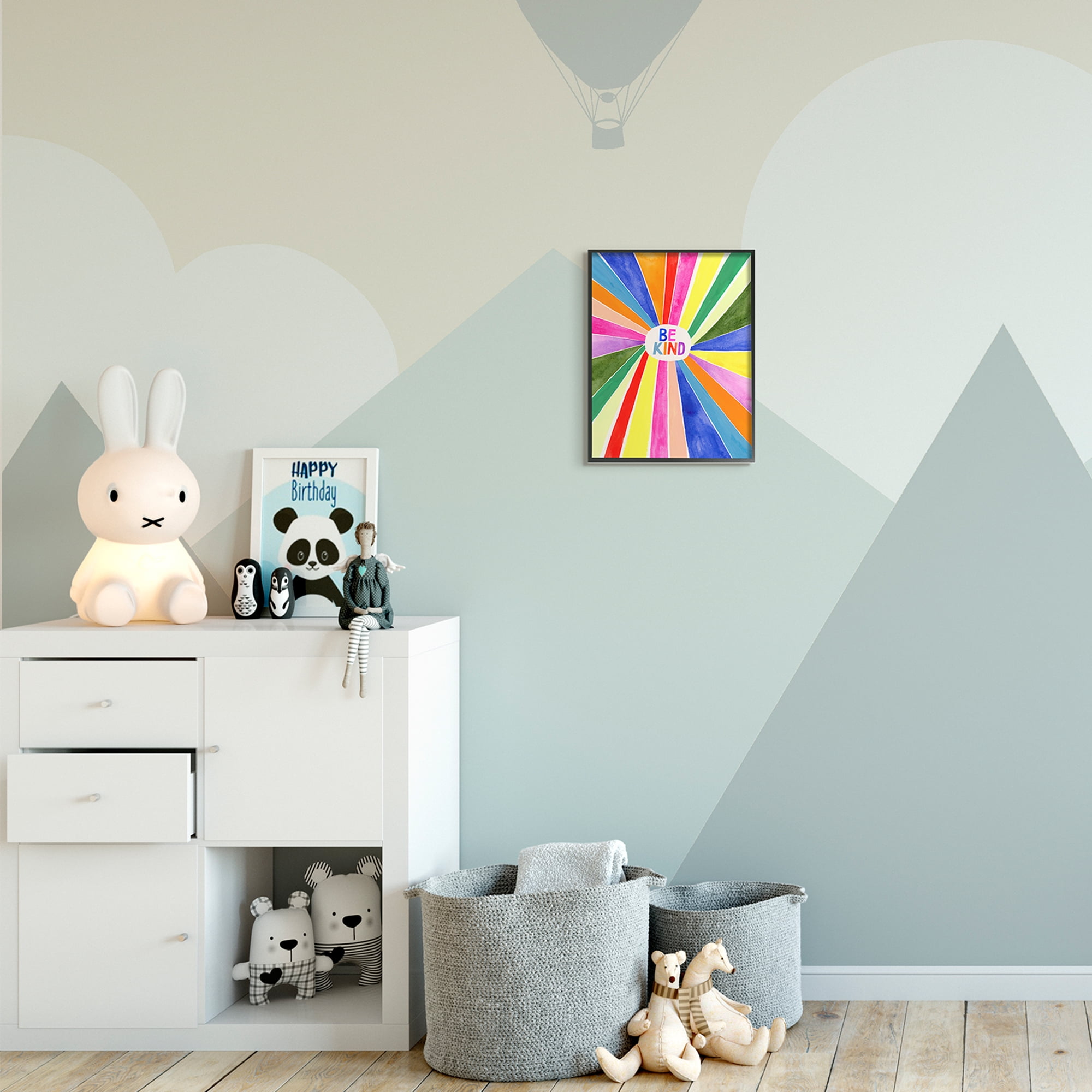 Stupell Industries Be Kind Phrase Rainbow Stripe Burst Art for Kids Painting Black Framed Art Print Wall Art, 11 x 14
