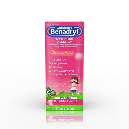 Children's Benadryl Dye-Free Allergy Liquid, Bubble Gum-Flavored, 4