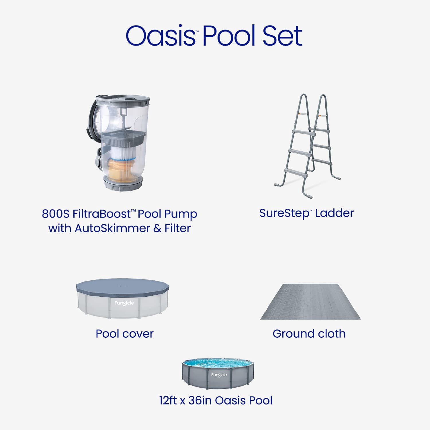 Funsicle Oasis Above Ground Metal Frame Swimming Pool Set – with FB800S AutoSkimmer Pump, Ladder & Cover, 12' x 36", Round, Gray