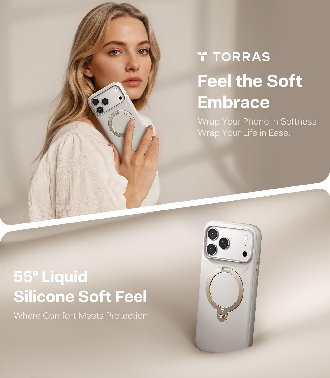 TORRAS OStand Q3 Liquid Silicone Case for iPhone 17 Pro Max with 360° Spin Kickstand, Camera Control, Soft Cozy Grip, Protective Cover, MagSafe Compatible, Dune Beige