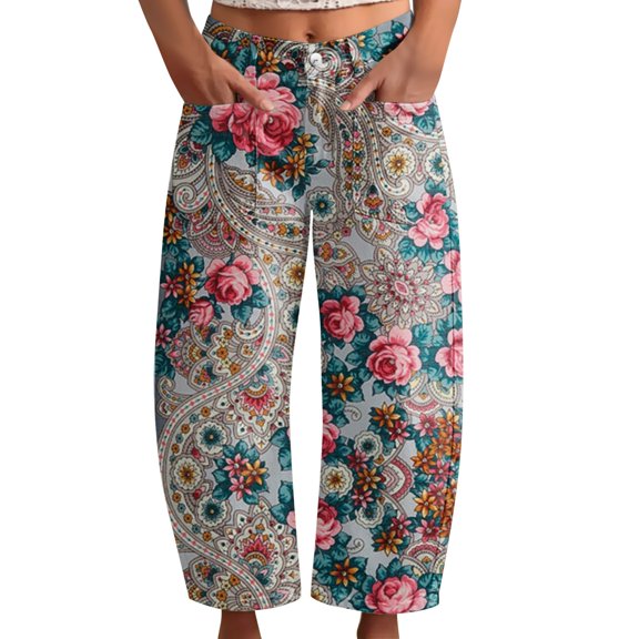 kaondbfi Women's Print Cropped Pants High Waist Button Fly Casual Loose () Fabric Baggy Trousers with Pockets for Summer