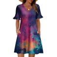 thumbnail image 2 of Women's Tie Dye Dress Ruffle Short Sleeve Flowy Fashionable V Neck A Line Dresses, 2 of 5