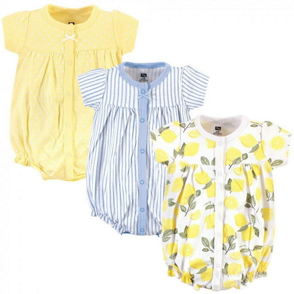 Hudson Baby Infant Girl Cotton Rompers 3pk, Lemon, 0-3 Months