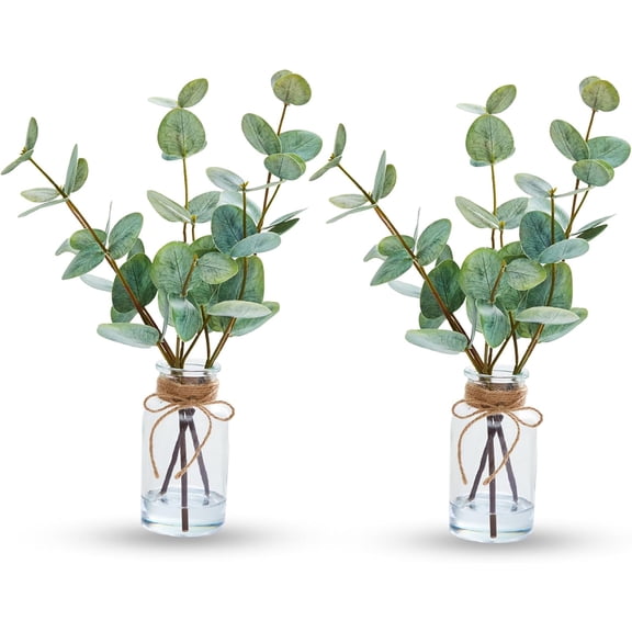 13'' Artificial Eucalyptus Stems in Vase with Faux Water, Faux Eucalyptus Plant with Double-Sided Green Leaves, for Shelf, Desk, Bathroom,Green(2PCS)