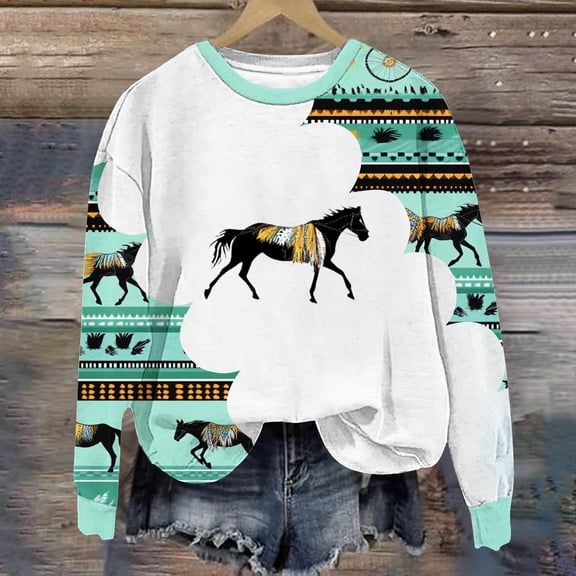 Sweatshirts for Womens Hoodless Fashion Western Illustration Print Loose Sweatshirts Long Sleeved Top Fall Winter Sweat Shirt Pullover Tops