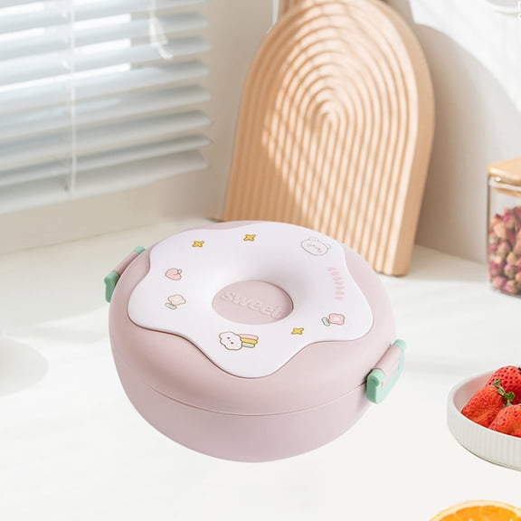 FeiFu 1PCS Donut Lunch Box,Round Shaped Lunch Box Food Storage Box Cute Food Container Cute Lunch Box Work Microwave Lunch Box Pink