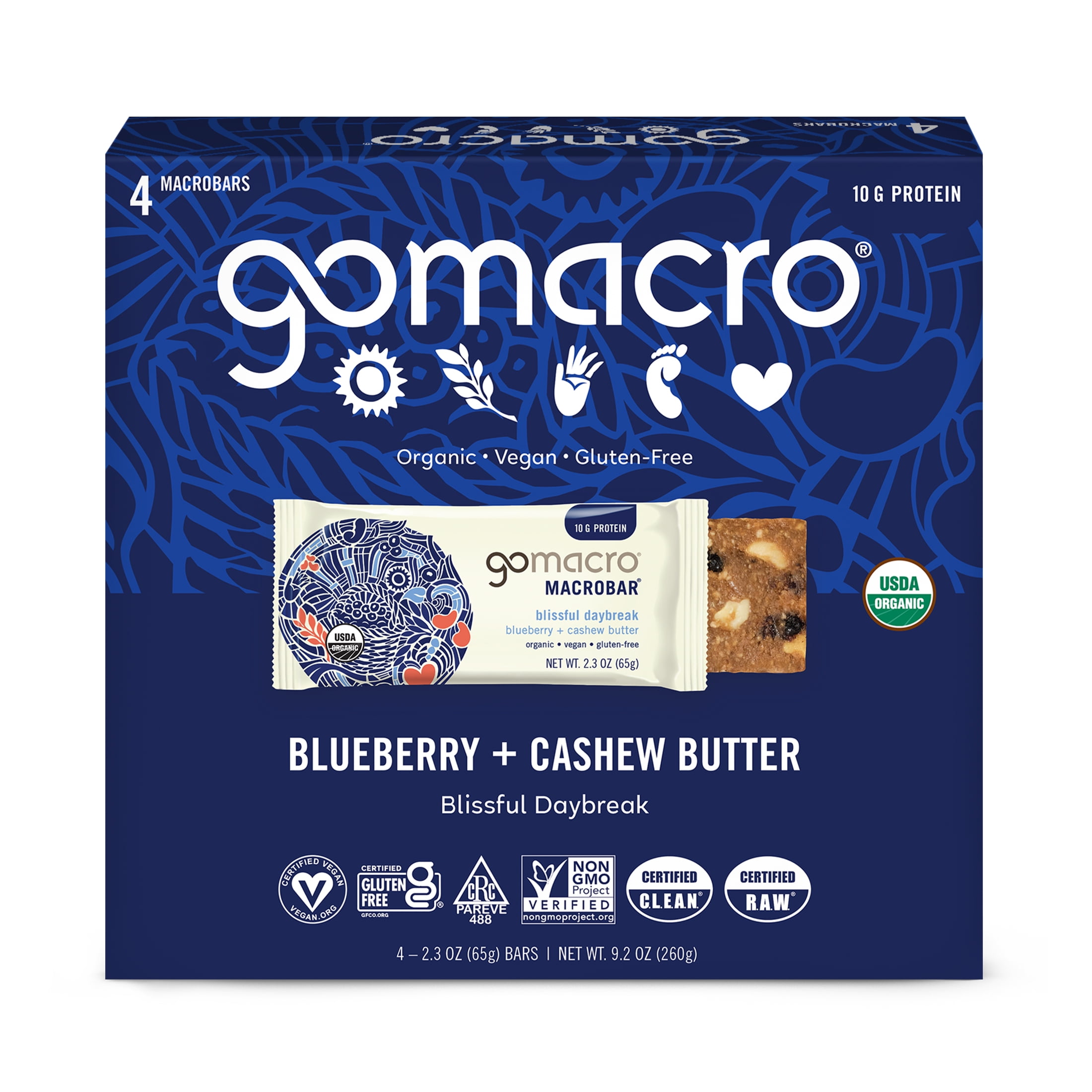 GoMacro MacroBar, Blueberry + Cashew Butter Organic Vegan Protein Bars, 4 ct