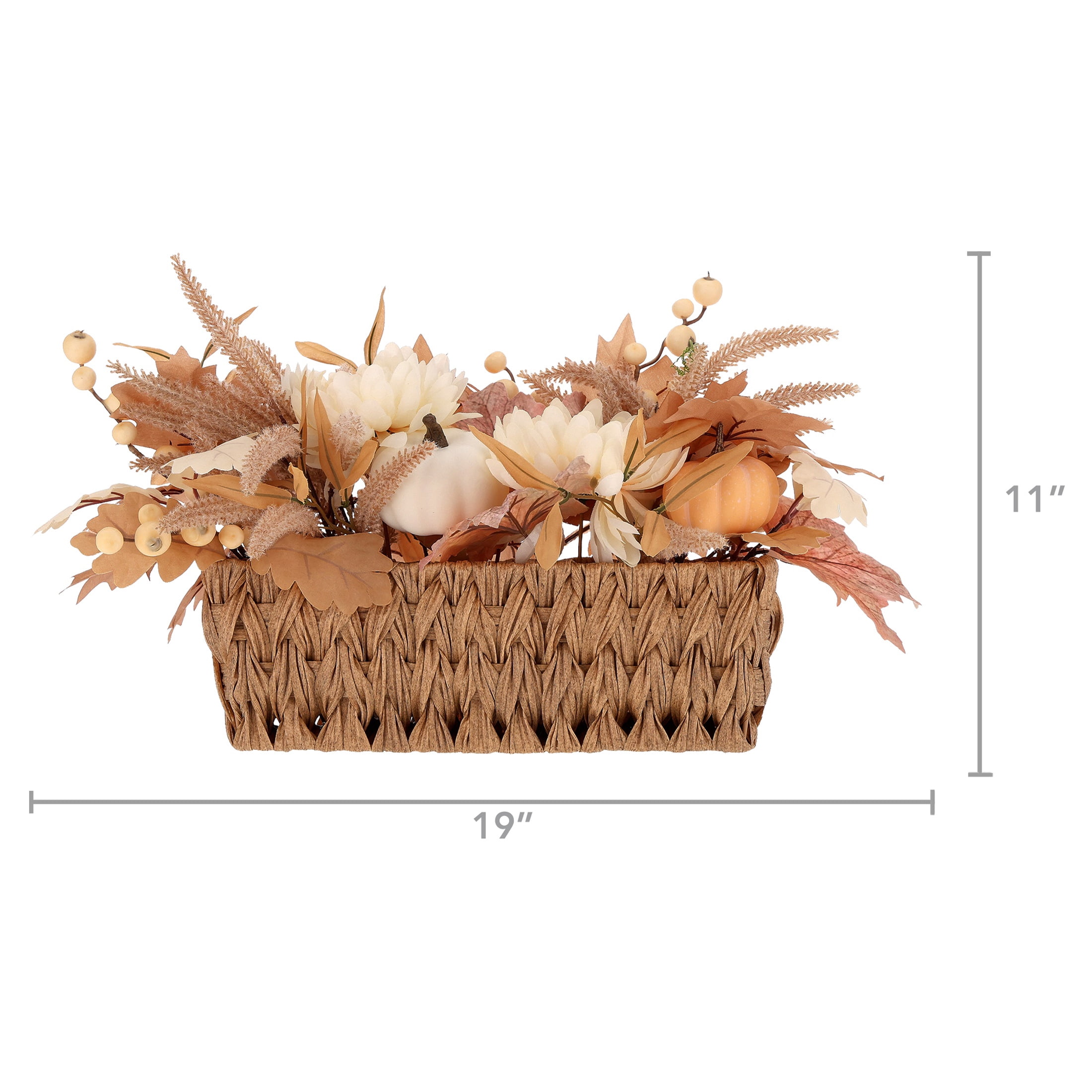 Pumpkins and Flowers Artificial Arrangement in Woven Basket, Cream and Brown, 10" x 18", Fall by Way To Celebrate