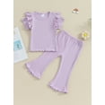 thumbnail image 3 of Musuos Toddler Girls Spring Outfits 1-5T Fly Sleeve Solid Color Rib T-Shirts Tops Elastic Waist Flare Pants 2Pcs Clothes Set, 3 of 10