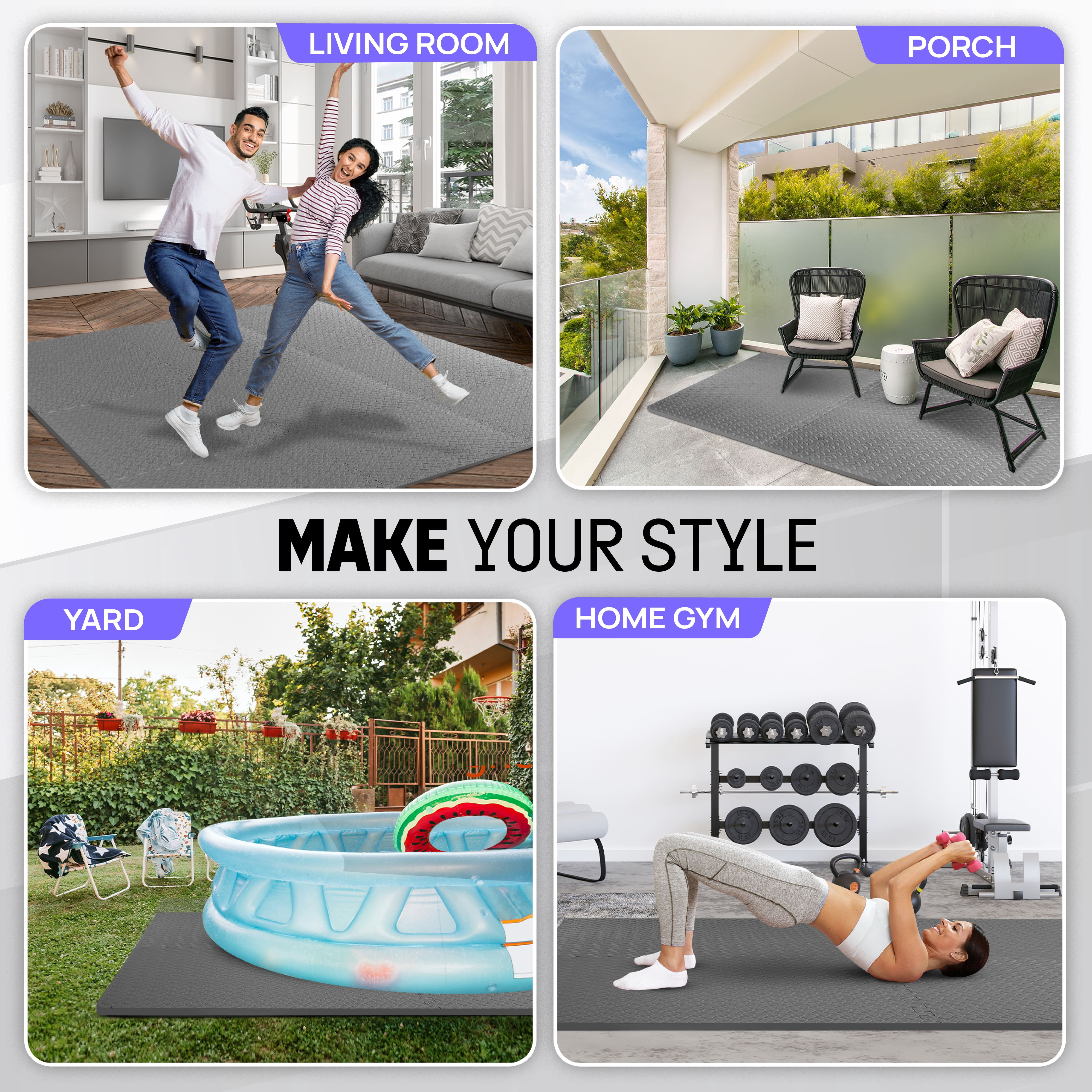 Yes4All Gym Flooring for Home Gym, 120 SQ. FT Puzzle/Interlocking Exercise Mat, EVA Foam Floor Tiles Padding with Border, Gray