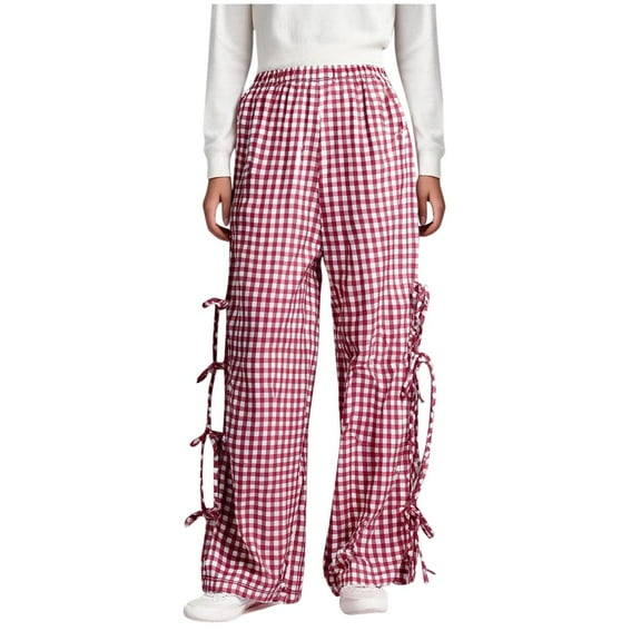 Maean Kids Girls Plaid Pant Elastic High Waist Baggy Lounge Pants Cute Bow Wide Leg Trousers 5-14T
