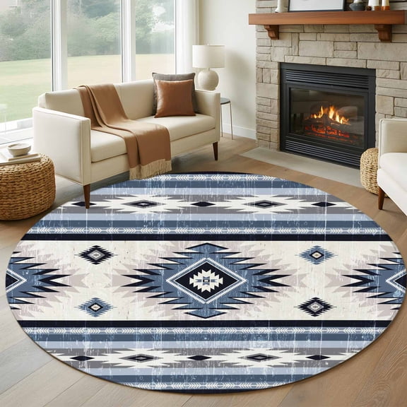 8ft Round Rug, Blue Boho Non-Skid Rubber Backing Large Area Rugs - Living Room Bedroom Home Office, Southwestern Ethnic Aztec Retro Geometric Indoor Floor Mat Carpets Washable Rug