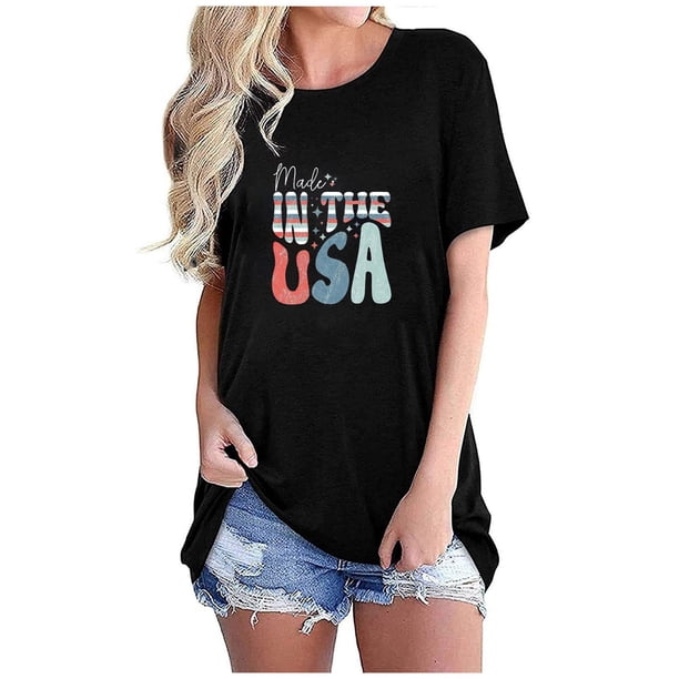 Tops Cortos para Mujeres Bandera de Moda Impresa Cuello Redondo, Camiseta de Manga 3/4 para Uso Diario, Casero Y Cómodo