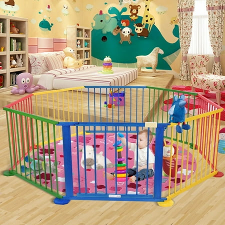 Baby Playpen 8 Panel Colors Wooden Frame Children Playard Foldable Room