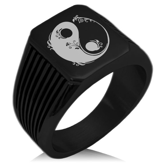 Stainless Steel Floral Yin Yang Needle Stripe Pattern Biker Style Polished Ring