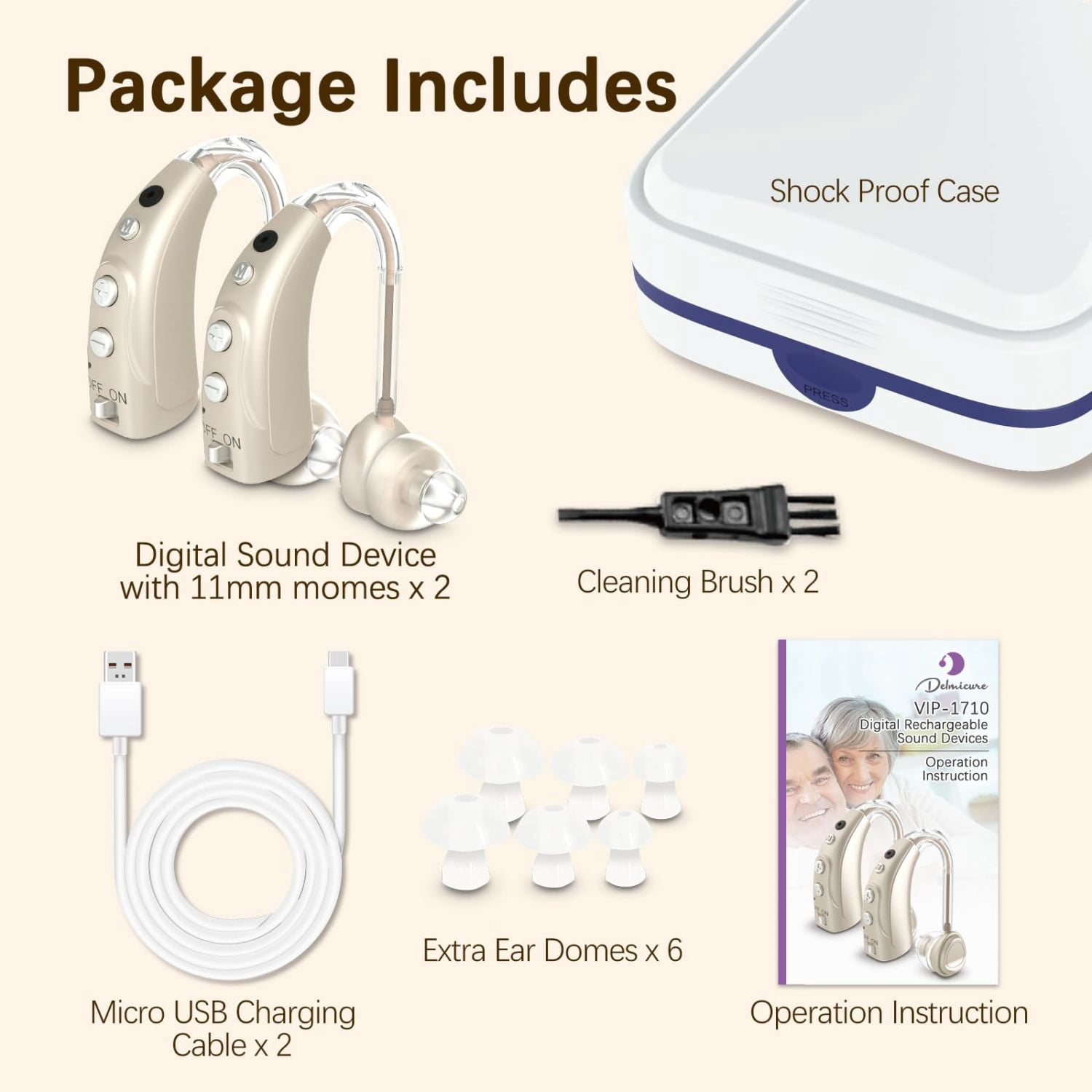 Delmicure Hearing Aids for Seniors with 4-Mode & 8-Level Volume Control, Rechargeable 16-Channel Sound Device, VHP-1710 Gold - Pair