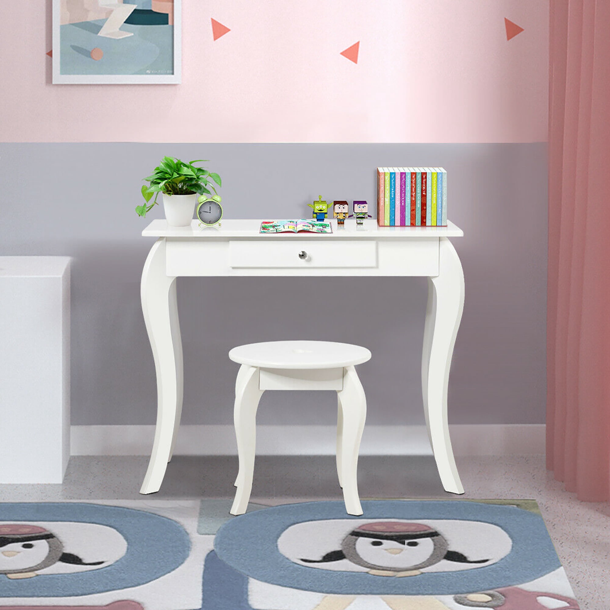 Costway Kids Vanity Set Princess Makeup Dressing Play Table Set W/Mirror  White