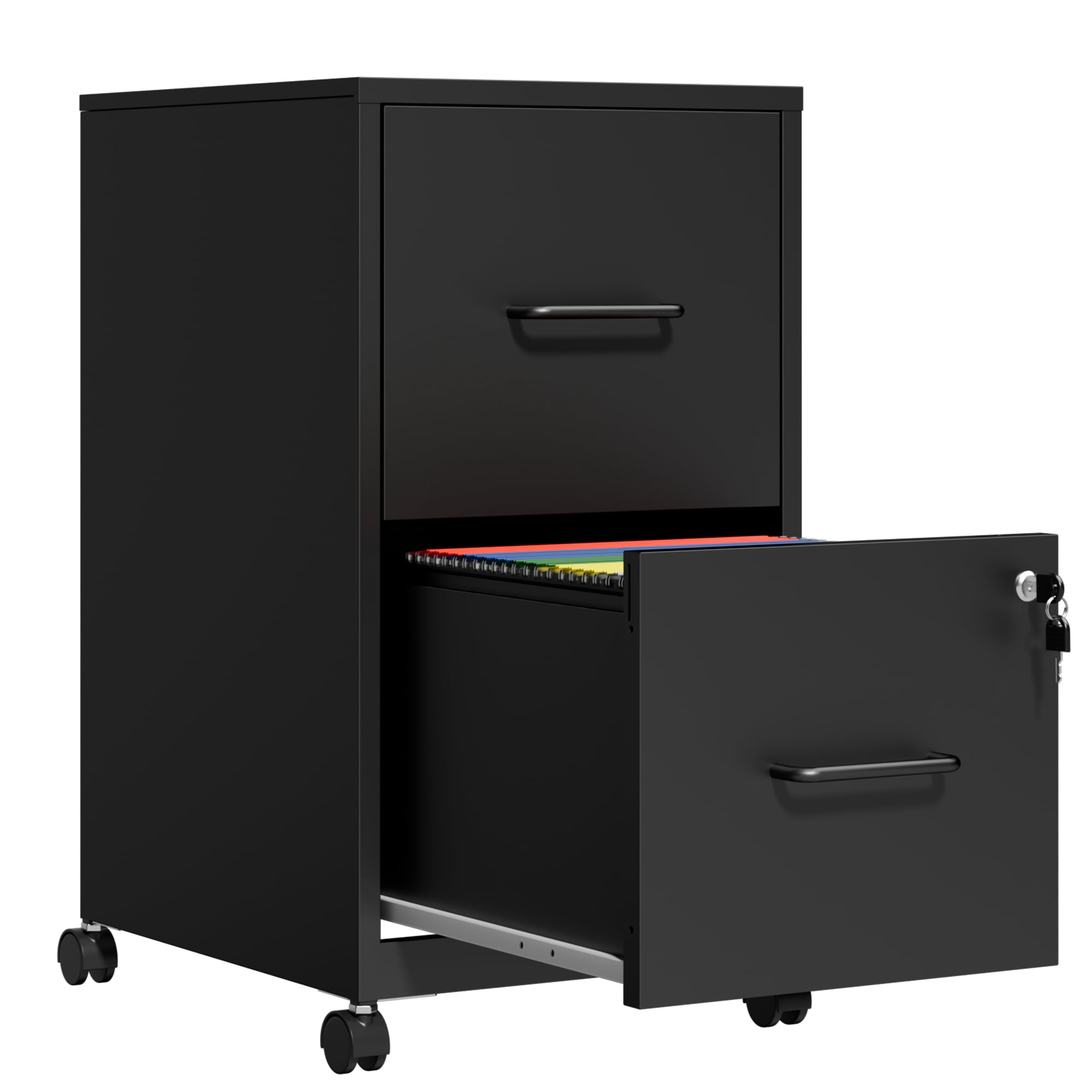 2 Drawer Lockable Metal File Cabinet WIth Wheel, Vertical Under Desk Steel Filing Cabinet with Wall Anti-Tip Kit, Heavy Duty Office Storage Cabinet for Letter/Legal Size Files, Black