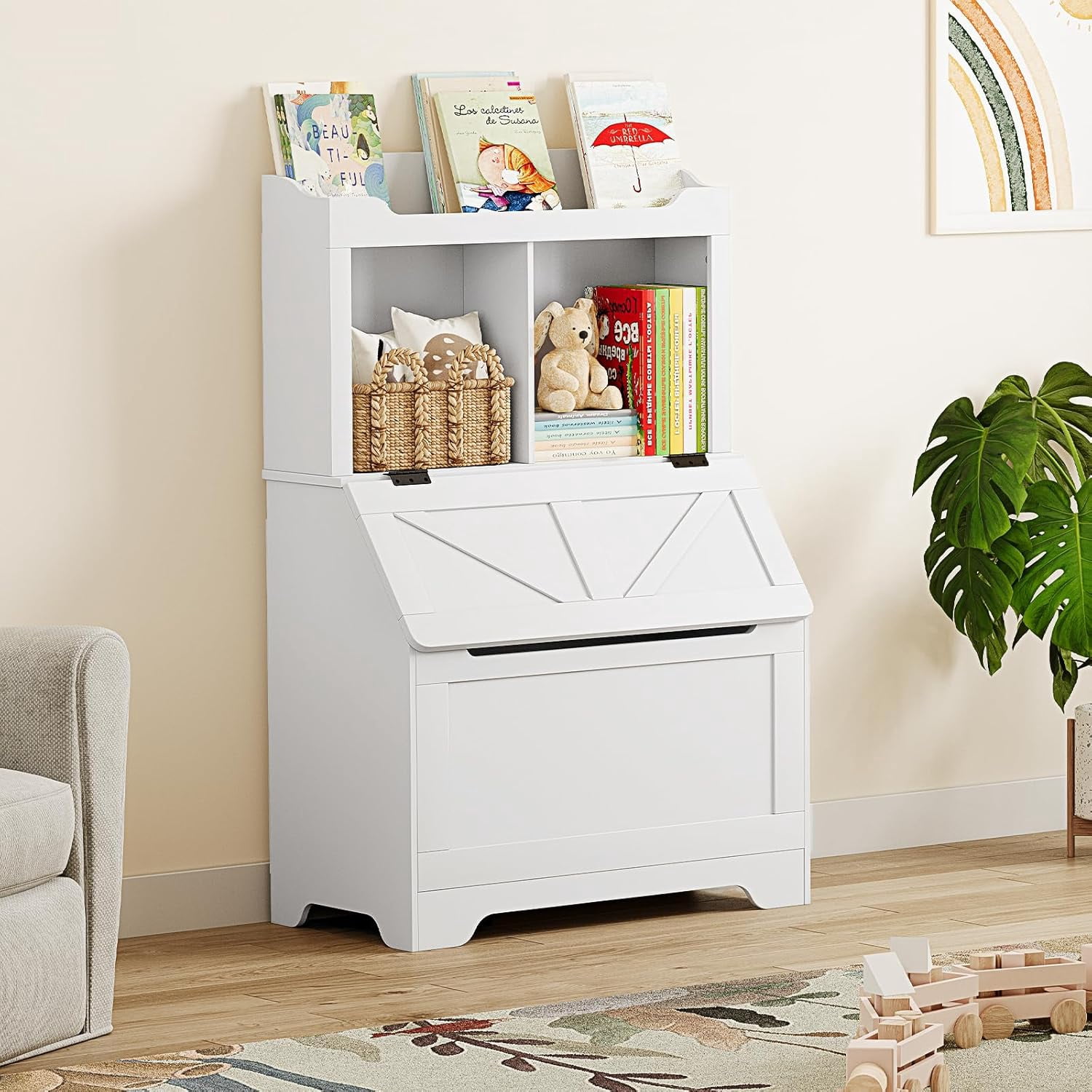 Kids Toy Storage Organizer with Flip-Top Lid & 2-Tier Bookshelf, Wooden Toy Chest and Bookcase for Playroom, Bedroom, Nursery, White