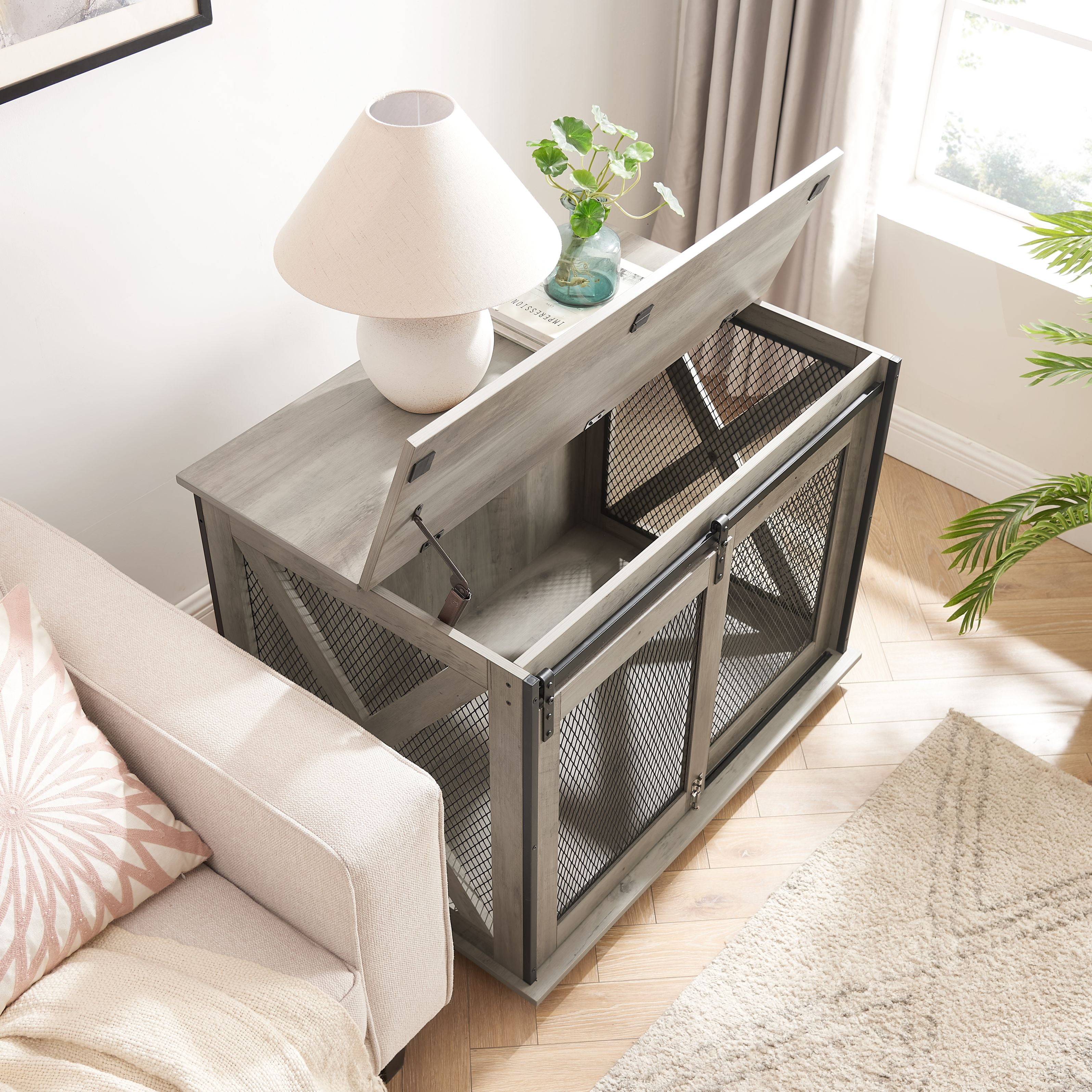 CKEASEAN Farmhouse Style Dog Cage Crate Furniture with Sliding Barn Door, Wooden Dog Kennel End Table with Flip-top Plate and Detachable Divider for Small/Medium/Large Dogs