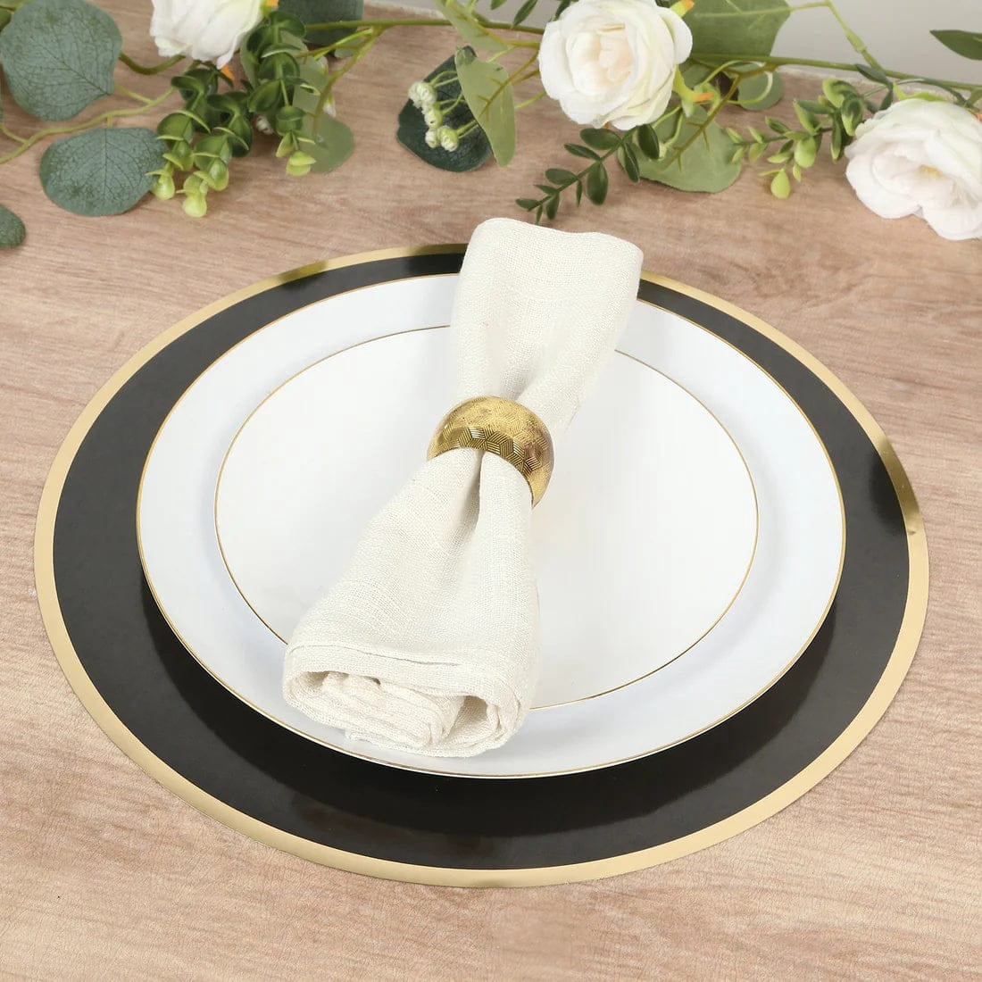 50 Black Disposable 13 in Round Cardboard Paper Table Placemats with Gold Rim
