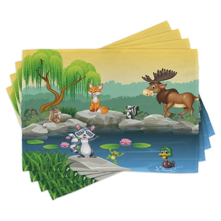 

Cartoon Placemats Set of 4 Funny Mascots Animals by the Lake Moose Fox Squirrel Raccoon Kids Nursery Theme Washable Fabric Place Mats for Dining Room Kitchen Table Decor Multicolor by Ambesonne