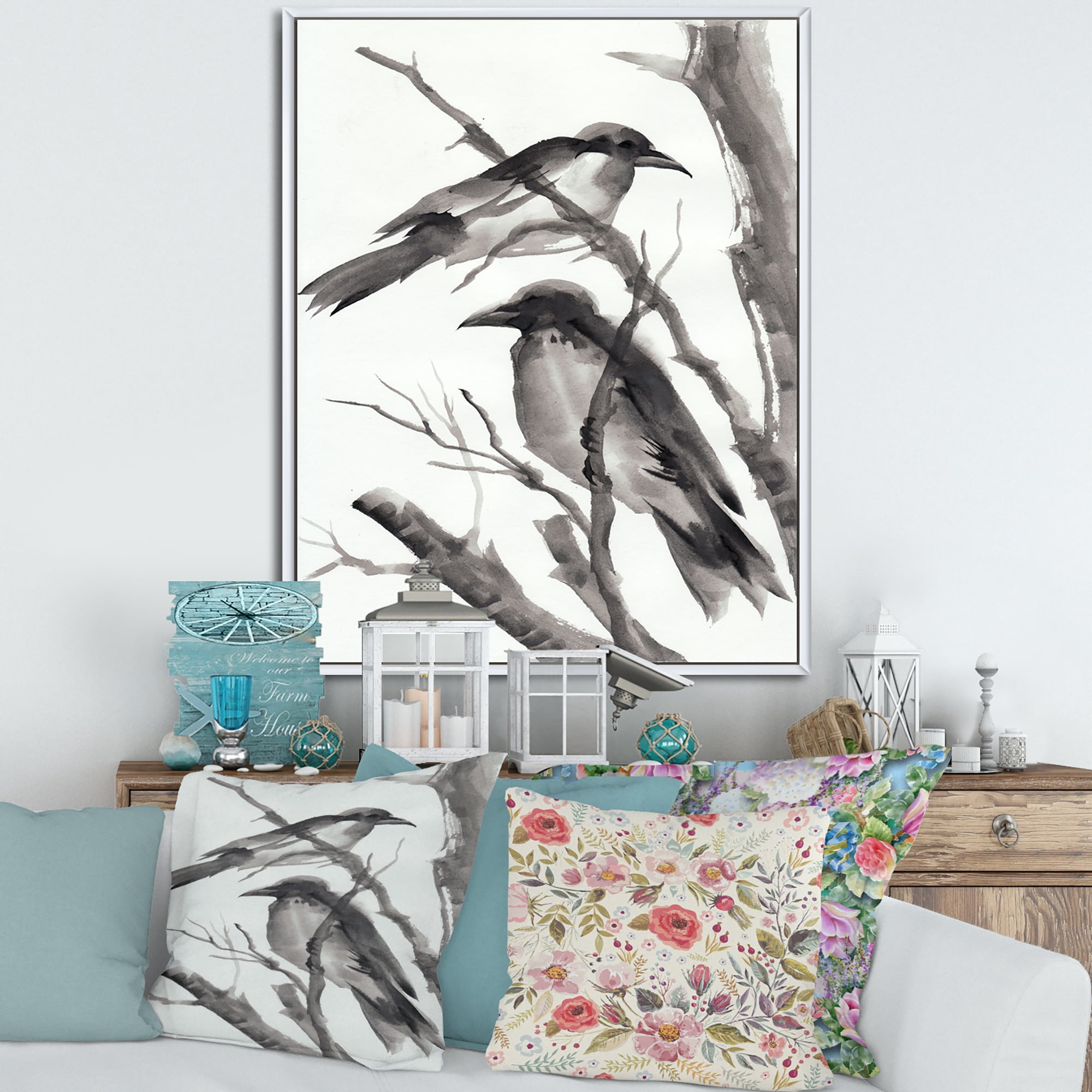 Designart 'Vintage Black and White Sleeping Crows' Traditional Framed Canvas Wall Art Print