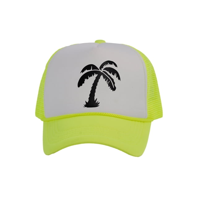 Men's Palm Tree Cap Snapback Trucker Hat, White/Neon Yellow