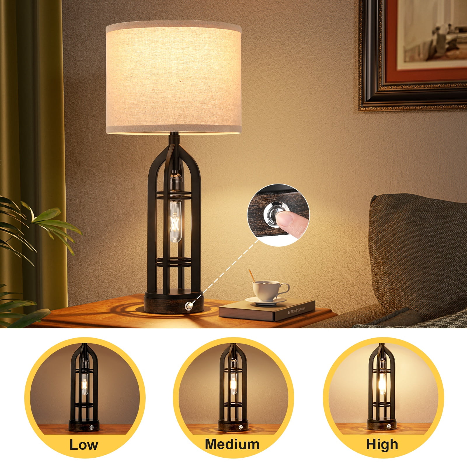 NiteLoom 24.7" Touch Table Lamps for Bedroom with USB Charging Ports & AC Outlet, 3-Way Dimmable Bedside Nightlight for Entryway, 2 Pack