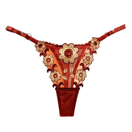 

JFY Women G-string Perspective Knitting Applique Quick-drying Low Waist Adjustable Mesh Flower Embroidery Women Panties for Honeymoon